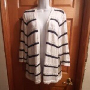White Cardigan with blue stripes and trimmed in red